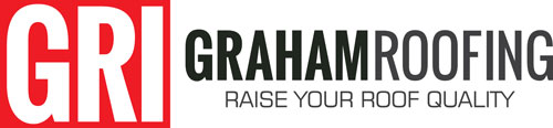 GRI in red block on left, &quot;GRAHAM ROOFING&quot; in black on right, &quot;Raise your roof quality&quot; under in black, smaller