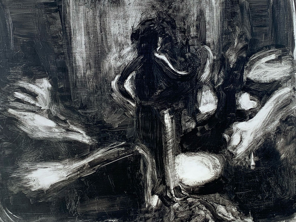 Black and white figurative drawing composed of oil paint. 