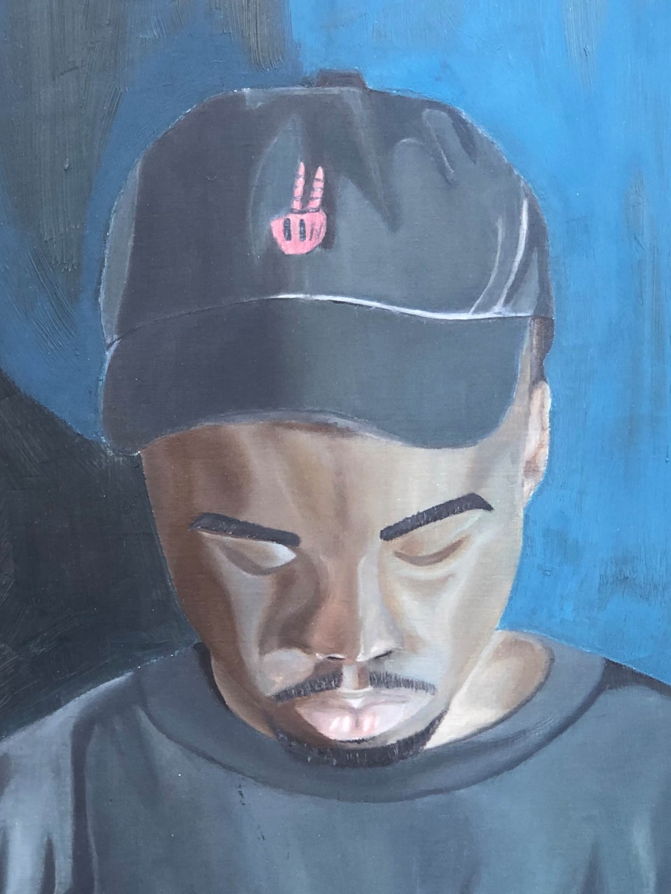 African American male friend emphasizing an emotion of calmness. Detailed and textural image of specific brush stroke on the male figure’s face and facial features, which helps compliments the emotional feeling of “calmness”