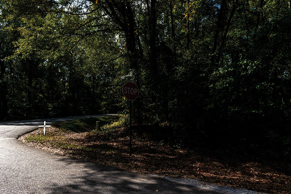 small white cross seen at the right of a road in a wooded area