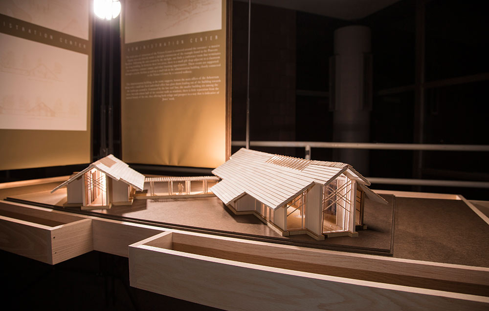 wooden model from “The Unbuilt Arboretum” exhibit set up in the Charlotte and Richard McNeel Gallery in Giles Hall