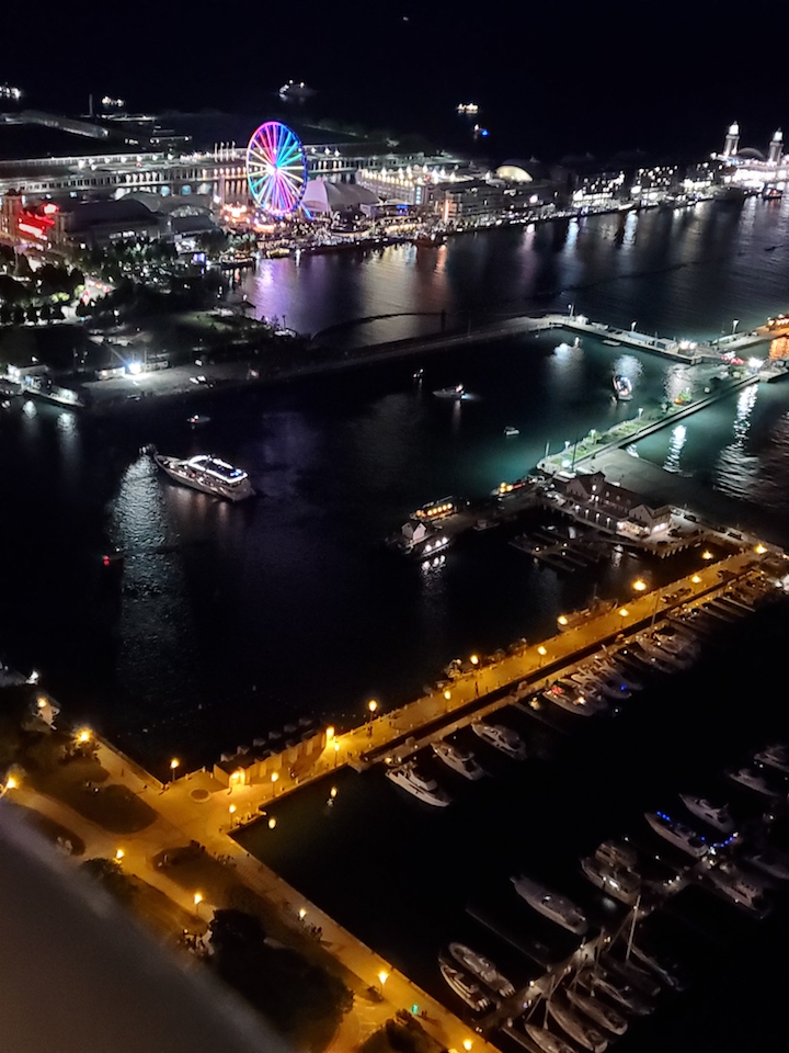 Bird's eye view of city at night.