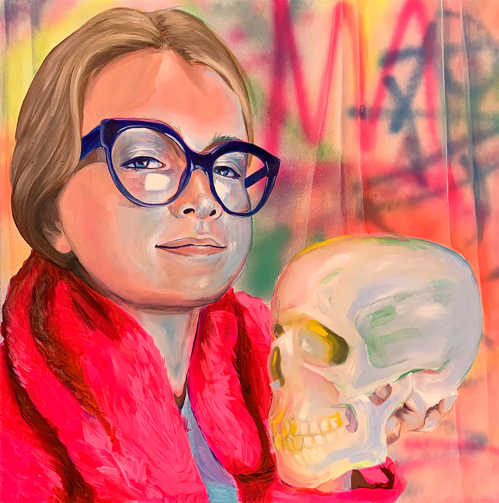 Colorful self portrait figurative painting - girl with white skin, blonde hair, and blue glasses, holding a human skull