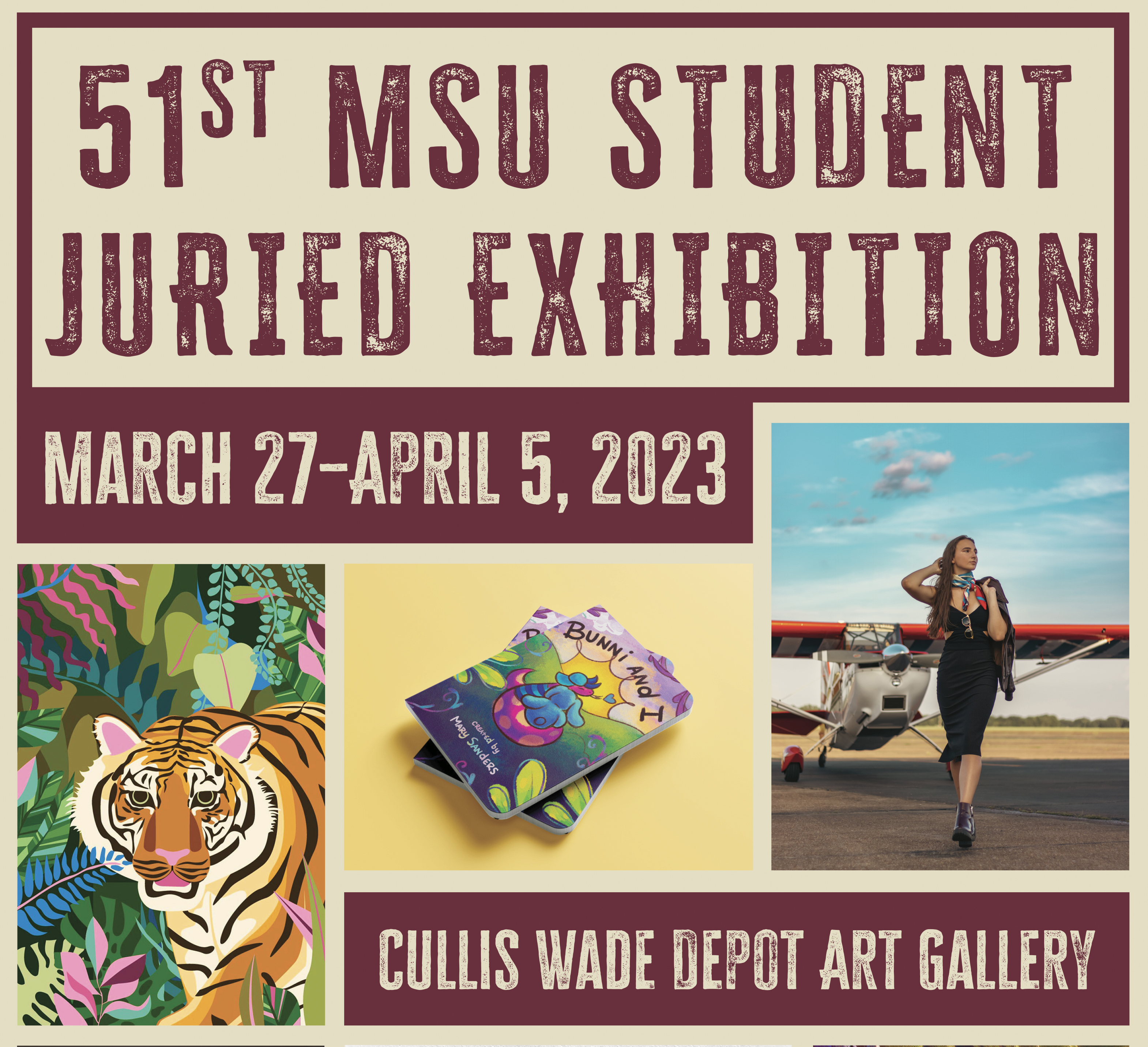 Text 51st MSU Student Juried Exhibition and three images of artwork