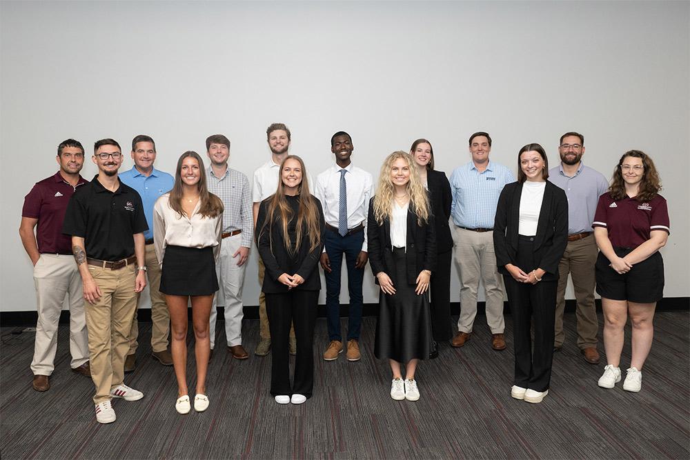 The first-place winners for their “AMP” project are Team 2 members, pictured with sponsors, (front, left-right) Isaiah Brooking, Brasfield & Gorrie; Tess Bruno, architecture; Nona Wilkes, interior design; Anna Leigh O’Brien, interior design; Abigail Boles, interior design; Brooke Keen, University Recreation; (back, left-right); Jason Townsend, University Recreation; Robert Robison, Brasfield & Gorrie; Cooper Smith, building construction science; Charles Bearden, building construction science; Jeremiah Richards, architecture; Lilian Barlow, interior design; Ryan Cole and Tyler Brown, Brasfield & Gorrie. Katherine Nause, art, is not pictured. (OPA Photo)