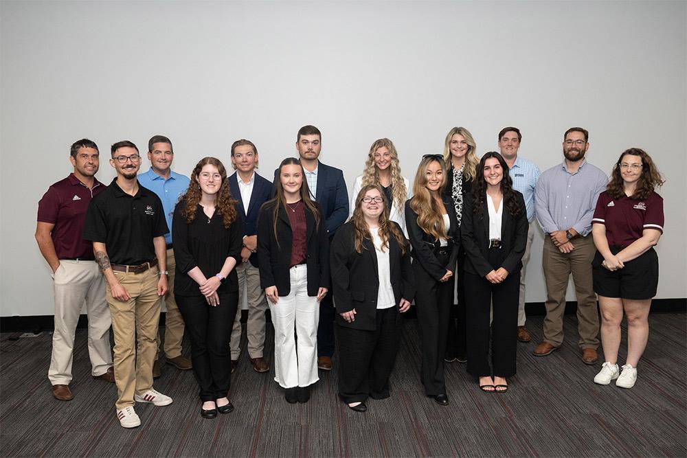 The second-place winners for their “VESL” project are Team 7 members, pictured with sponsors, (front, left-right) Isaiah Brooking, Brasfield & Gorrie; Paige Wigant, art; Allyssa Swindle, interior design; Victoria Henderson, architecture; Leighann Pounders, interior design; Emily Hammons, architecture; Brooke Keen, University Recreation; (back, left-right) Jason Townsend, University Recreation; Robert Robison, Brasfield & Gorrie; Brayden Emmert, building construction science; Alexander West, building construction science; Jordan Beseda, interior design; Tanner Fromm, interior design; Ryan Cole and Tyler Brown, Brasfield & Gorrie. (OPA Photo)