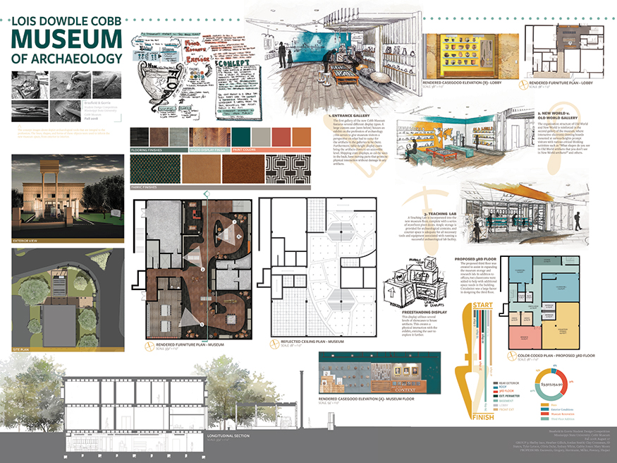 Image of the winning project - shows various rooms, layout, and color choices for the museum