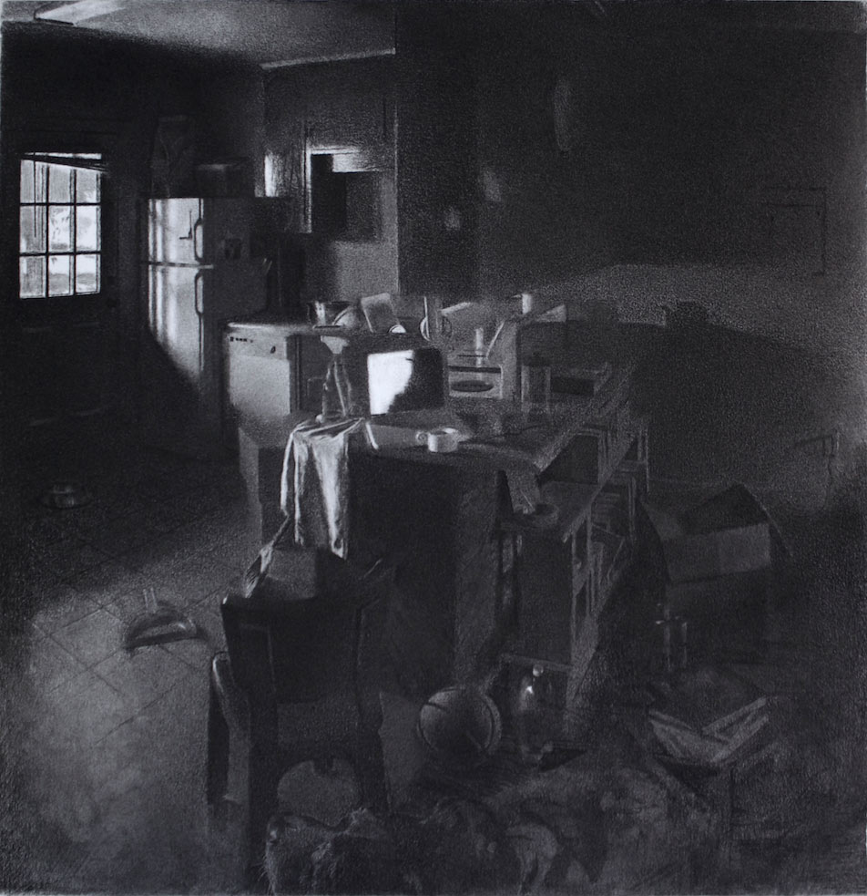 dark charcoal drawing by Jordan Kornreich of a messy kitchen