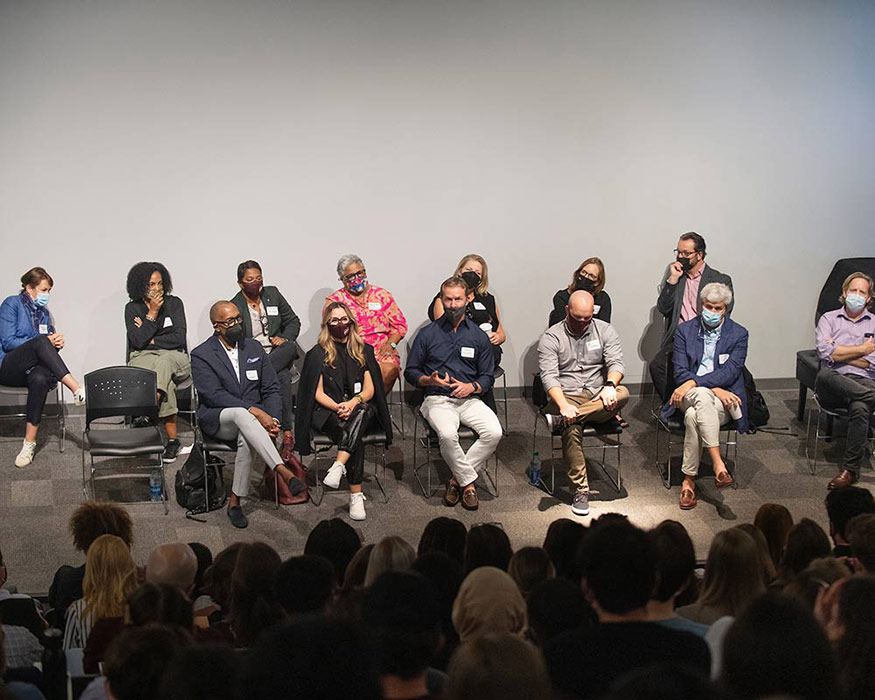 Design Leadership Foundation panelists sit on the state in the Robert and Freda Harrison Auditorium in Giles Hall