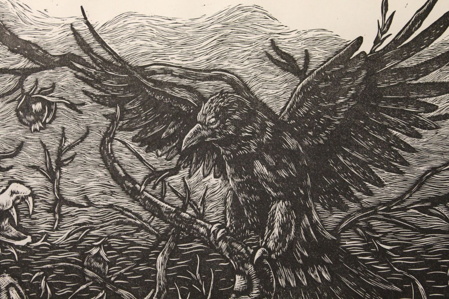 wood cut print of a crow