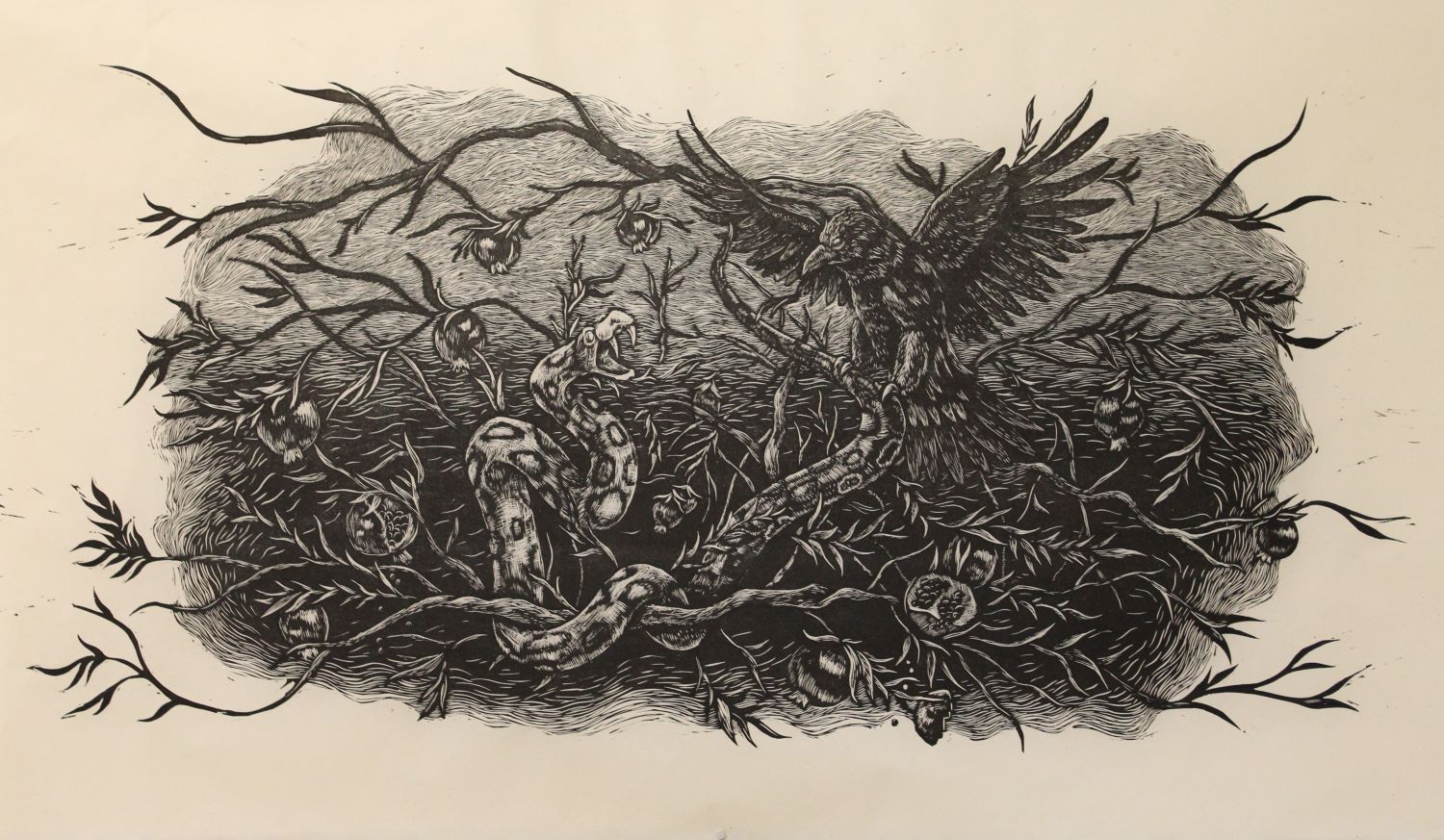 wood cut print of a snake fighting a crow