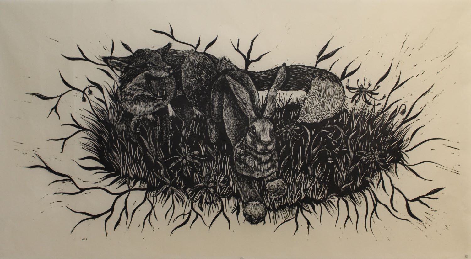 wood cut print of a fox and rabbit in grass