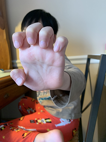 Photograph of a young child holding a hand up in front of the camera lens.