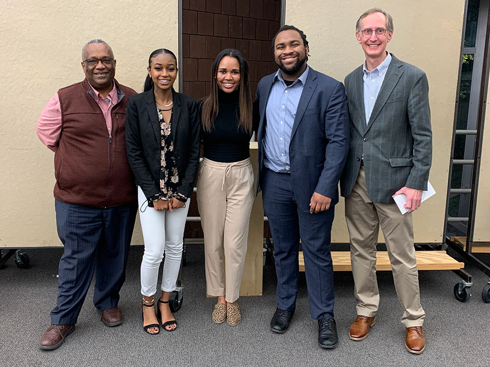 Darryl Johnson, former Mayor of Mound Bayou, and Bruce Herrington, Line Scale Form Design Award sponsor celebrate with student recipients in Assistant Professor Christopher Hunter’s studio. Pictured, left to right: Johnson, Alysia Williams (2nd), Audria Hicks (honorable mention), Terrance Blackmon (1st), and Herrington