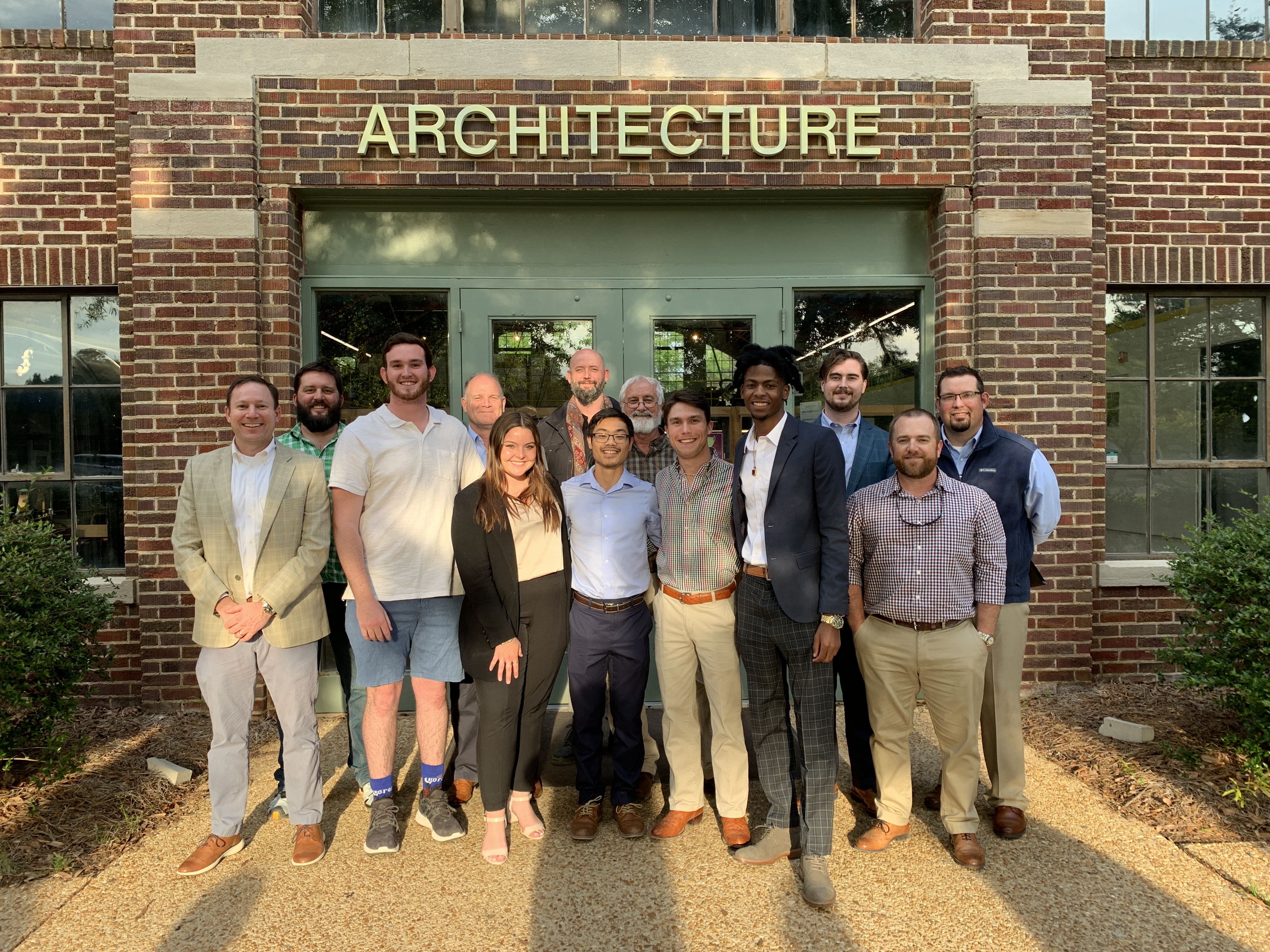 Pictured from left to right: Matt Devoss (Jackson Precast), Jesse Morrison (Starkville Area Habitat for Humanity and MSU Faculty), Colby Stalcup (BCS Student), Dan Eckenrode (PCI Gulf South), Mary Stafford Shurden (ARC Student), Charles Jones (Tulane University and another PCI Foundation Professor), Michael Chew (ARC Student), John Breazeale (Starkville Area Habitat for Humanity), Tanner Madison (BCS Student), Du'Juan Brown (ARC Student), Duncan Thomas (Kimberly Brown Architects and SARC Alumni), Andy Westfall (Tindall Precast), Tom Moore (Tindall Precast).