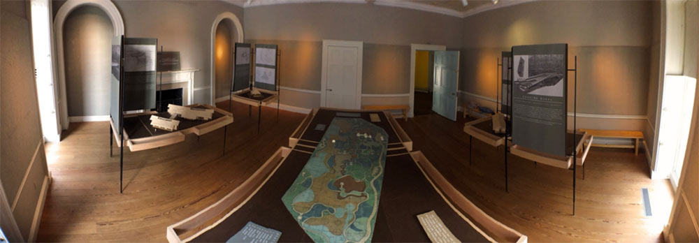 A look at "The Crosby Arboretum" exhibit set up inside The Octagon: Museum of the Architects Foundation in Washington, D.C. A green map is seen on a table