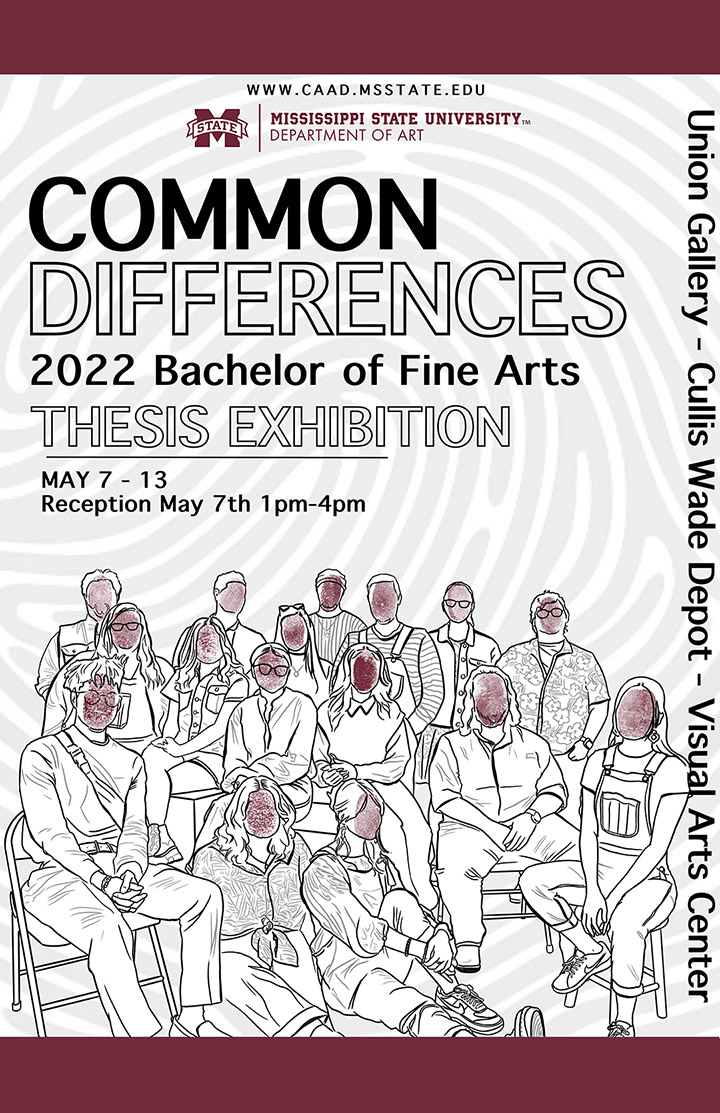 Poster design with black and white drawing of a group of people with thumb print heads.