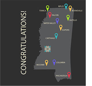 graphic showing communities who are receiving STR grants on a map of MIssissippi