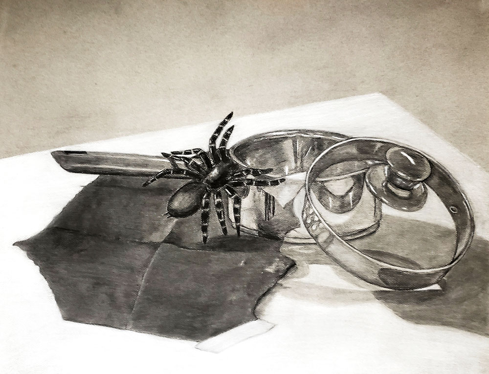 A singular toned cooking pot, accompanied by a tarantula drawn by various charcoal medias. 