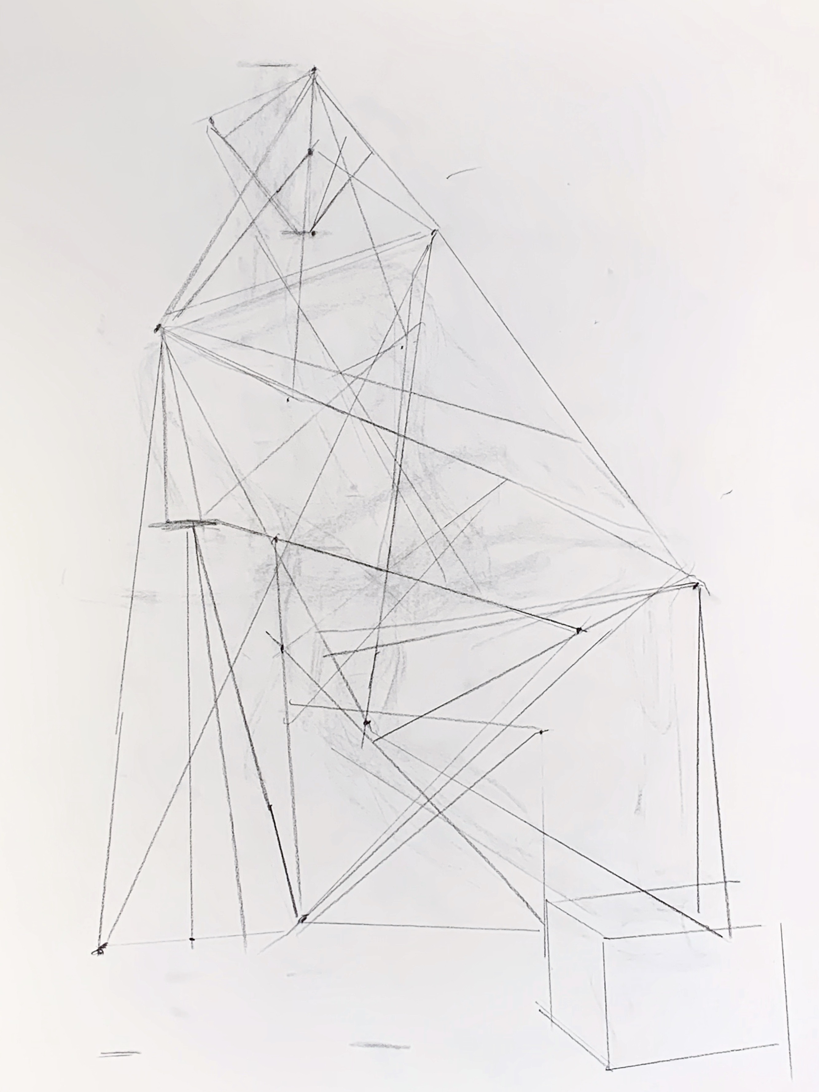 A drawing composed of several lines, outlining the gesture figure of a human- including angles, proportions, and spatial relationships, drawn in vine charcoal.