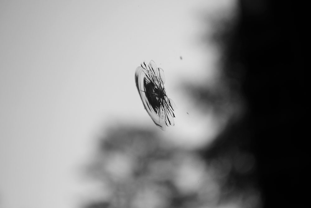 A black and white photographed image of broke glass.