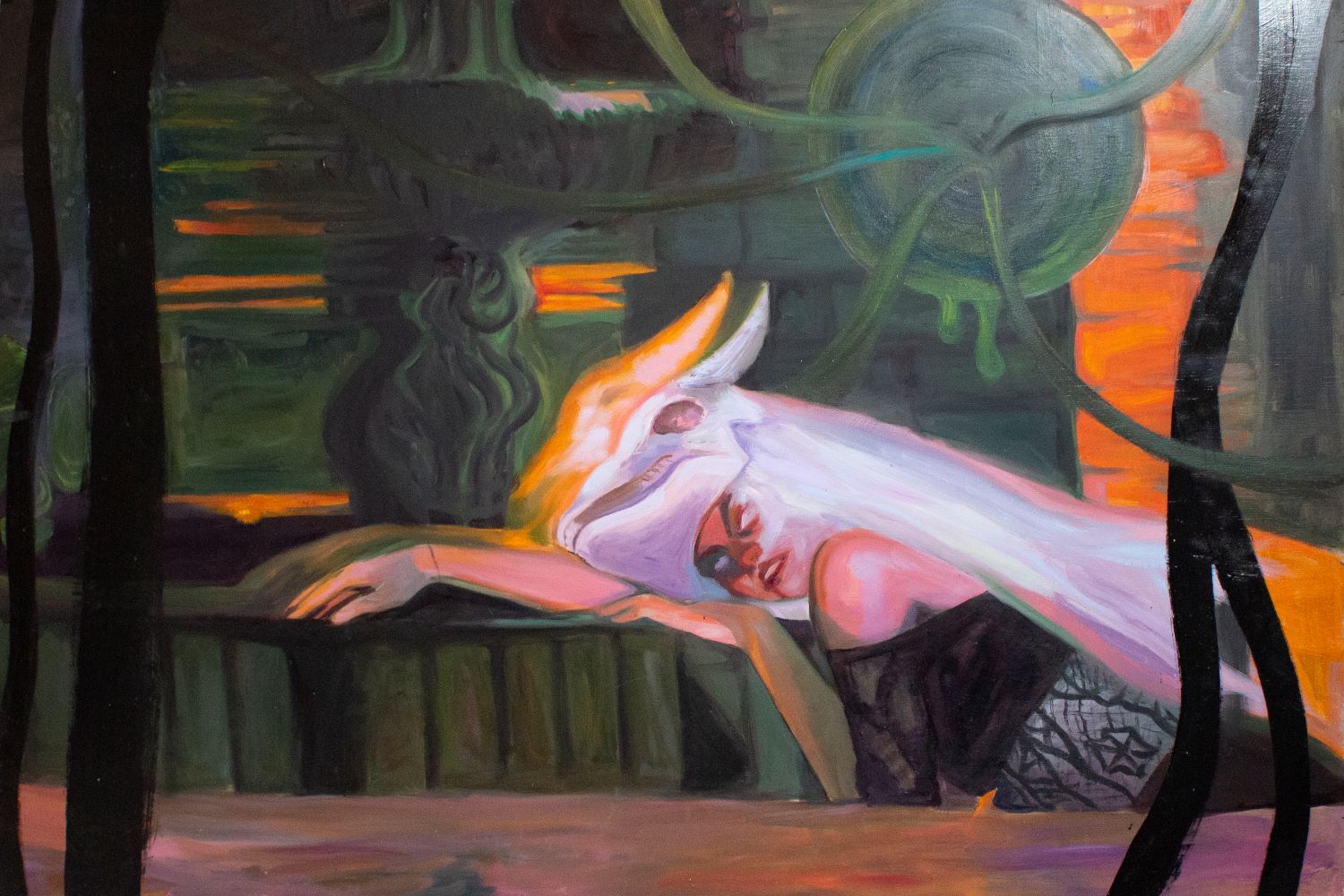 Colorful painting of a woman with a white animal skull on her head laying on the table.