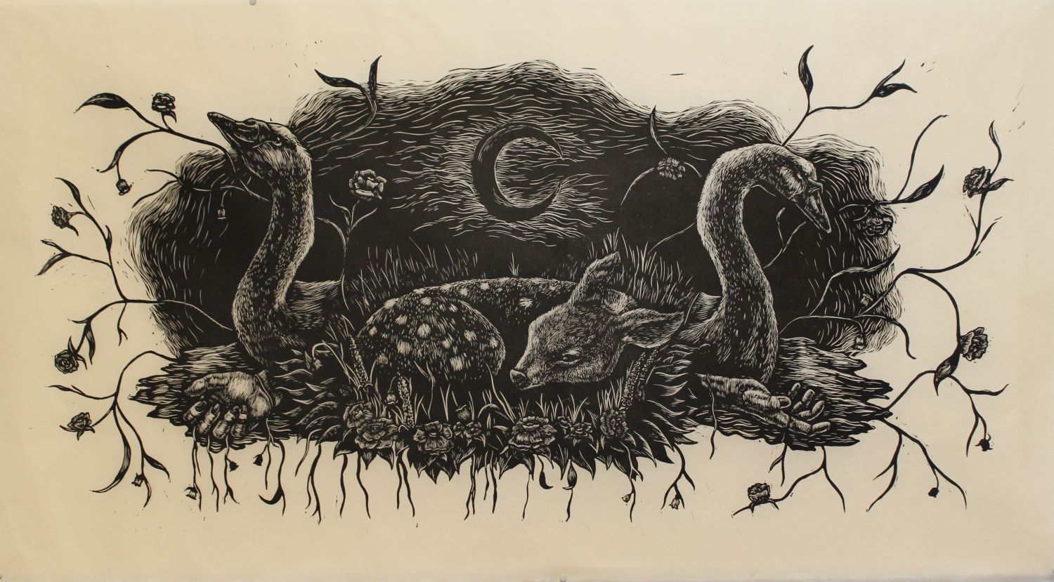 wood cut print of two swans sitting in plants and a moon in the center