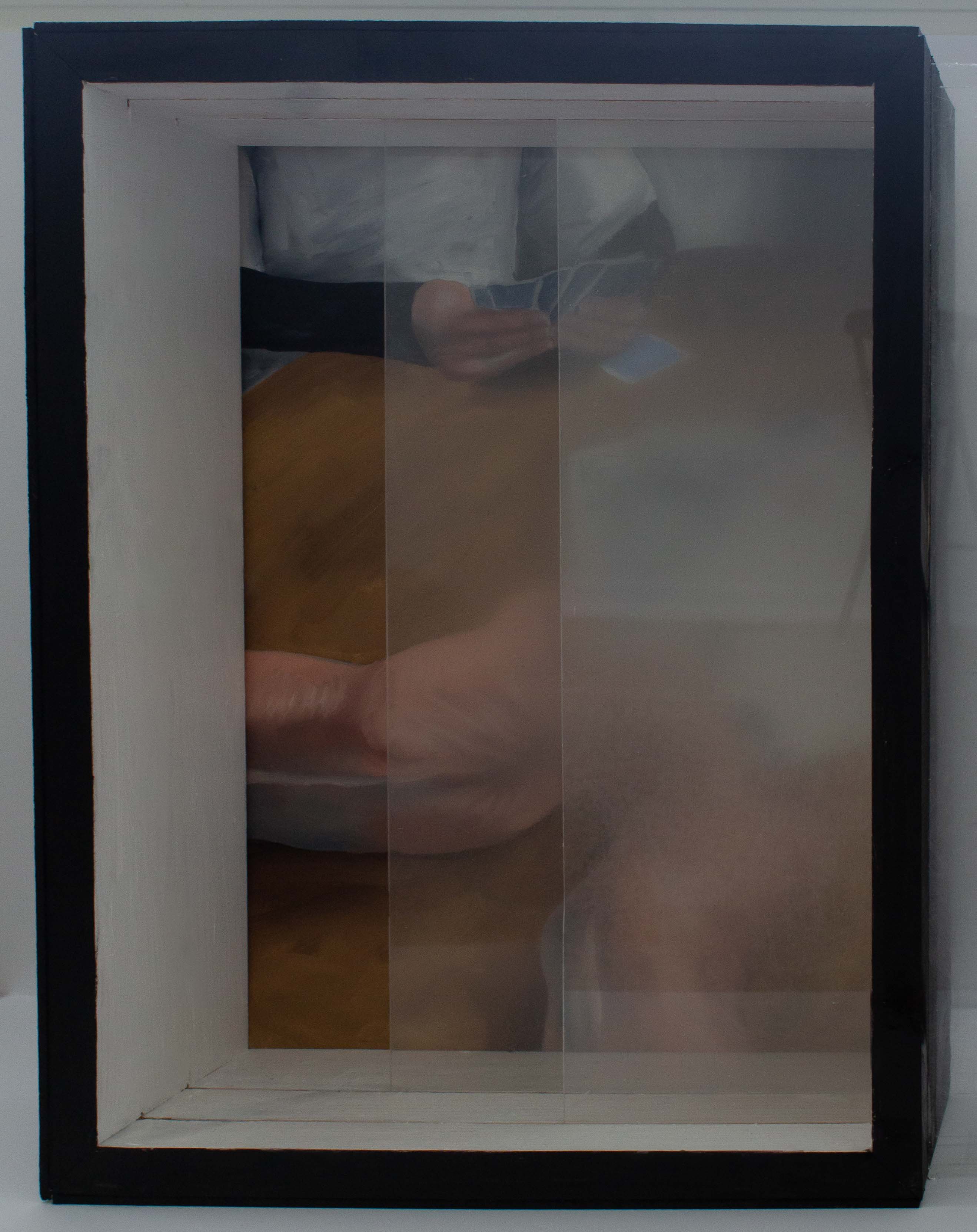 A box with a painting in the back and treated plexiglass panels interfering with the view of the painting. The painting shows an older person’s hands holding playing cards. There is another person sat across from the hands playing the game as well. Both panels are in front of the painting but staggering. The front most panel of plexiglass is pulled almost out from in front of the painting, but a sliver is still visible. It is fuzzy and smooth. The back panel of plexiglass is halfway in front of the painting so that just a sliver of the painting is visible and there is a section where both panels overlap. It is rough, scratched, and blurry. Both panels are blurry more in the center and fade out.