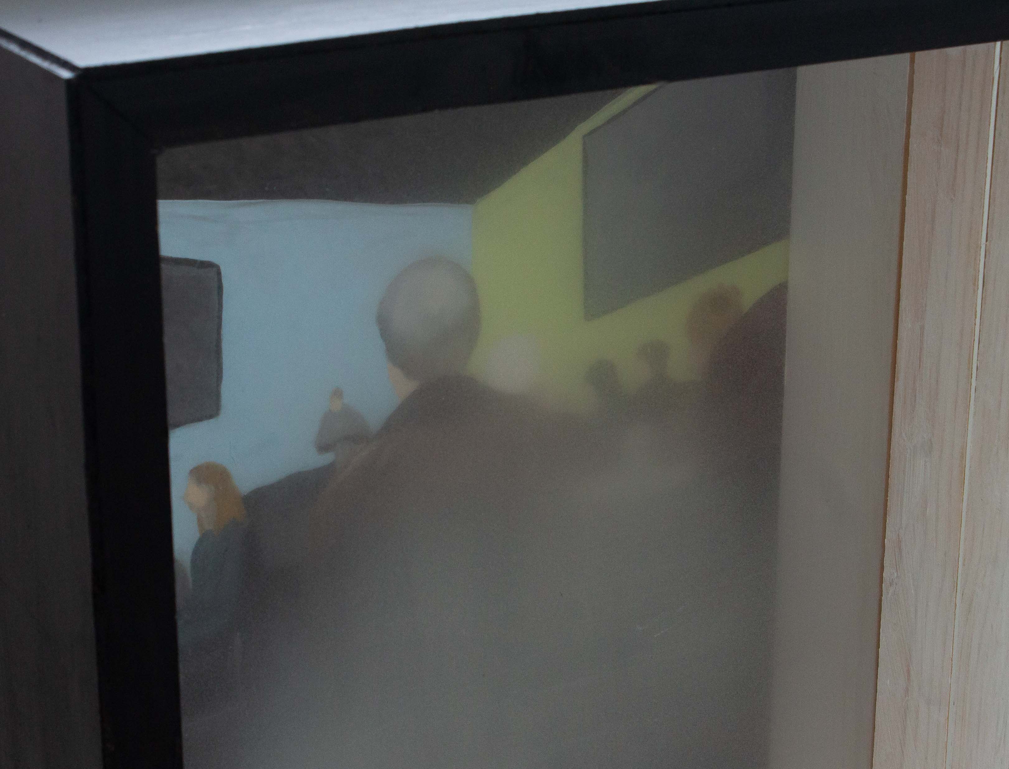 A detail image of the top left corner of the piece. A box with a painting in the back and treated plexiglass panels interfering with the view of the painting. The painting shows a hymnal in the foreground. There are several people sitting in the view of the subject. They are sitting at tables all focused on the preacher who is at the front of the room in the middle of the painting. The walls in the back are painted blue and green and there are screens on both walls. Both panels are in front of the painting. Up close the treatment of the plexiglass can be seen more, it is very smooth, fuzzy, and opaque.