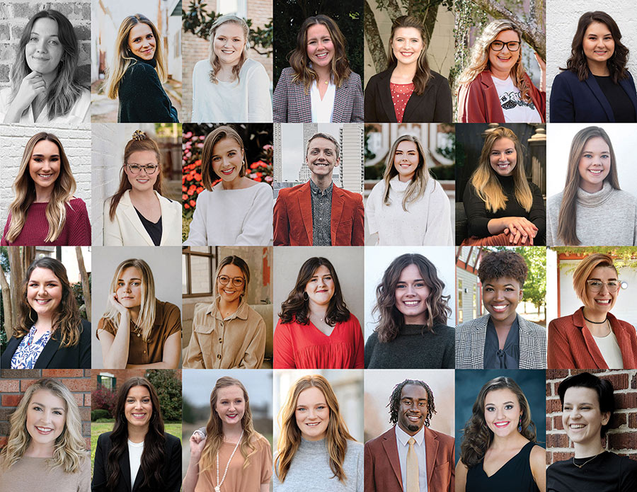 Grid of MSU interior design seniors - 4 rows of 7: top row, left to right: FLOWOOD—Allie O. Ketchings SIKESTON, Missouri—Ashley N. Ensor COTTONDALE, Alabama—Ashley K. Wyatt BELDEN— Emily “Caroline” Harris FLORA—Cassidy H. Jones LOUISVILLE—Chelsea Smith Sisson GAUTIER—Darby M. Myers  second row, left to right: BIRMINGHAM, Alabama—Emily A. Purner BRENTWOOD, Tennessee—Haley Lawrence Huff MACON, Georgia—Hayden S. Hunt HATTIESBURG—William “Houston” McMahon CORINTH—Katie D. Vandiver ARLINGTON, Tennessee—Kennedy P