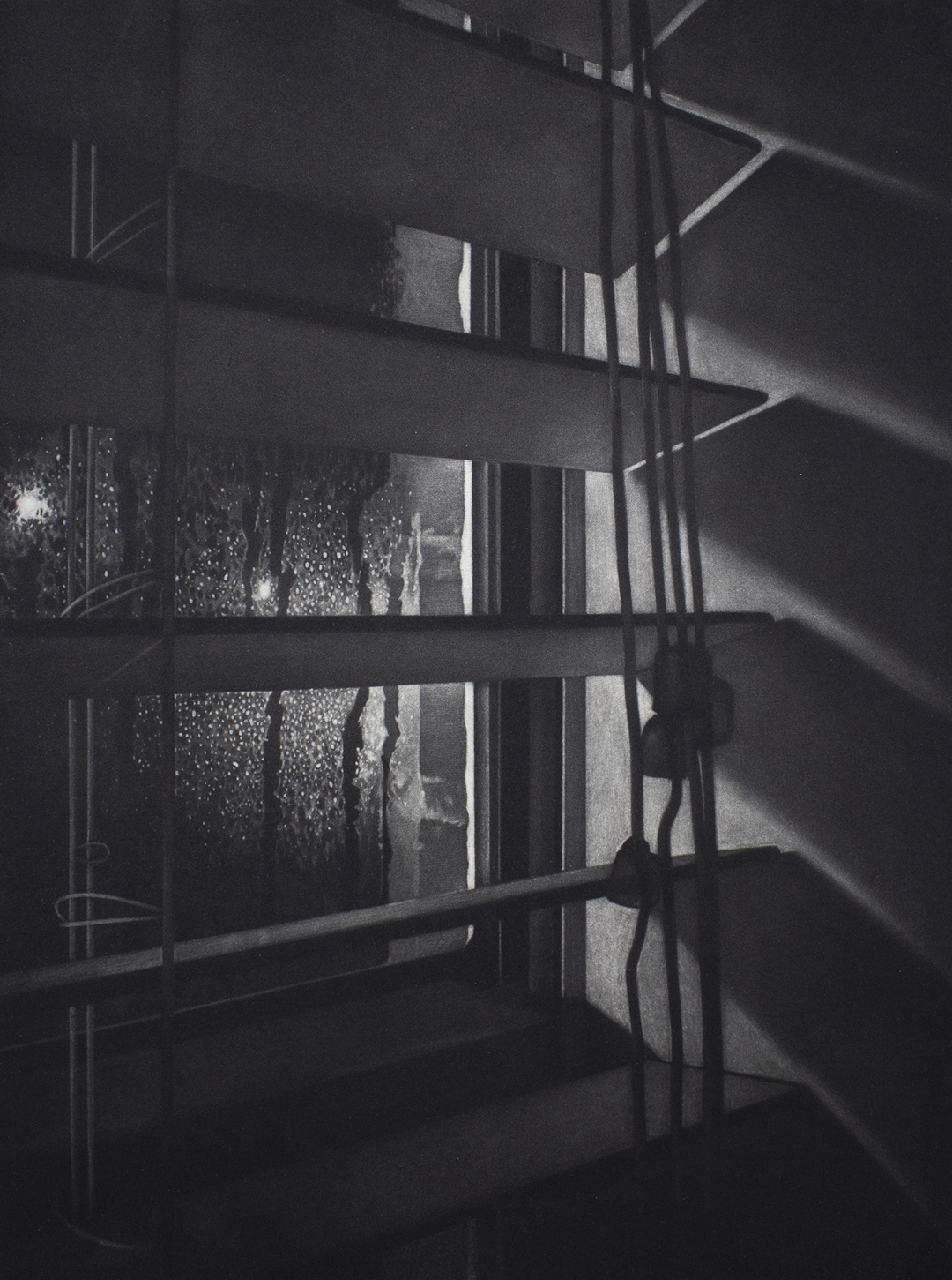 Black and white image of window blinds.