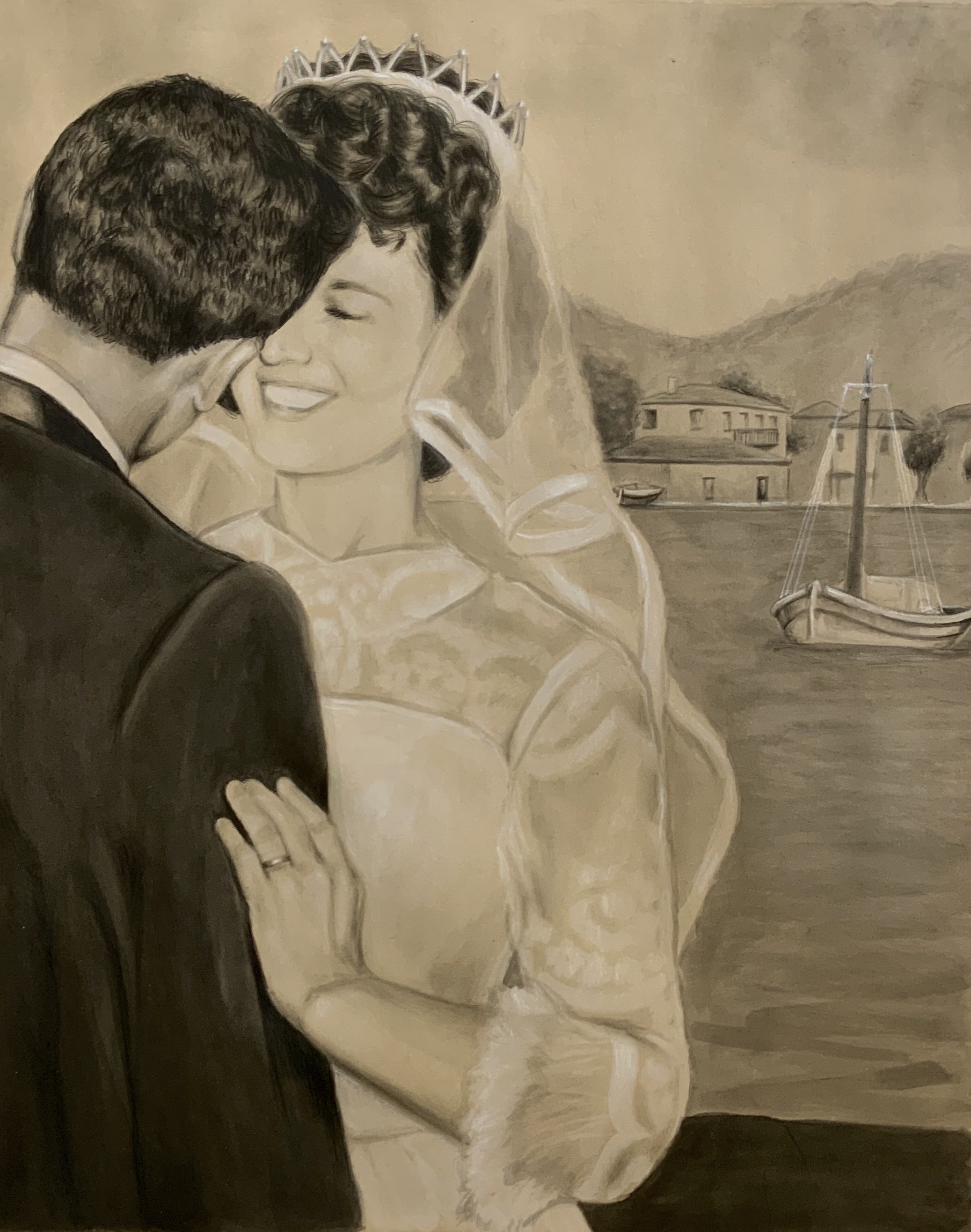 A drawing of my grandmother marrying my grandfather and on the cusp of her new life in America, with her home village in Greece in the distance behind them.