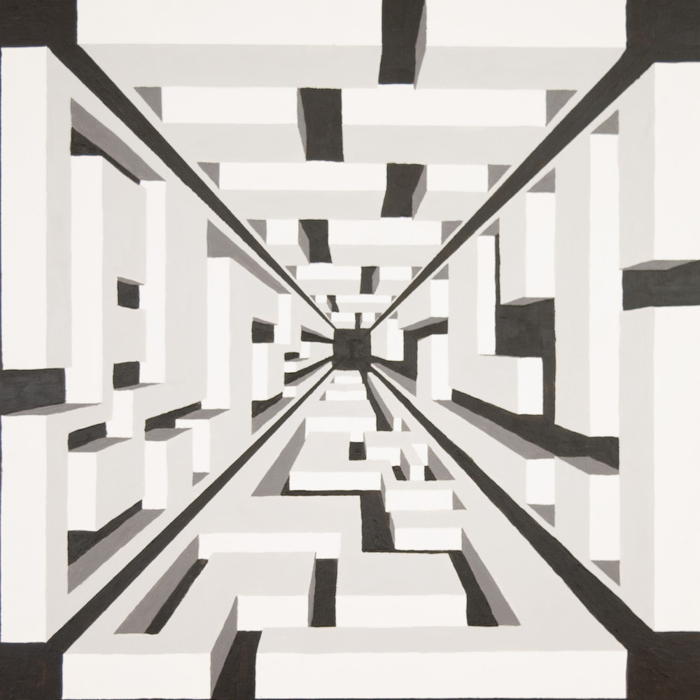 Image of a maze that has four corners and extends into vansihing point. 